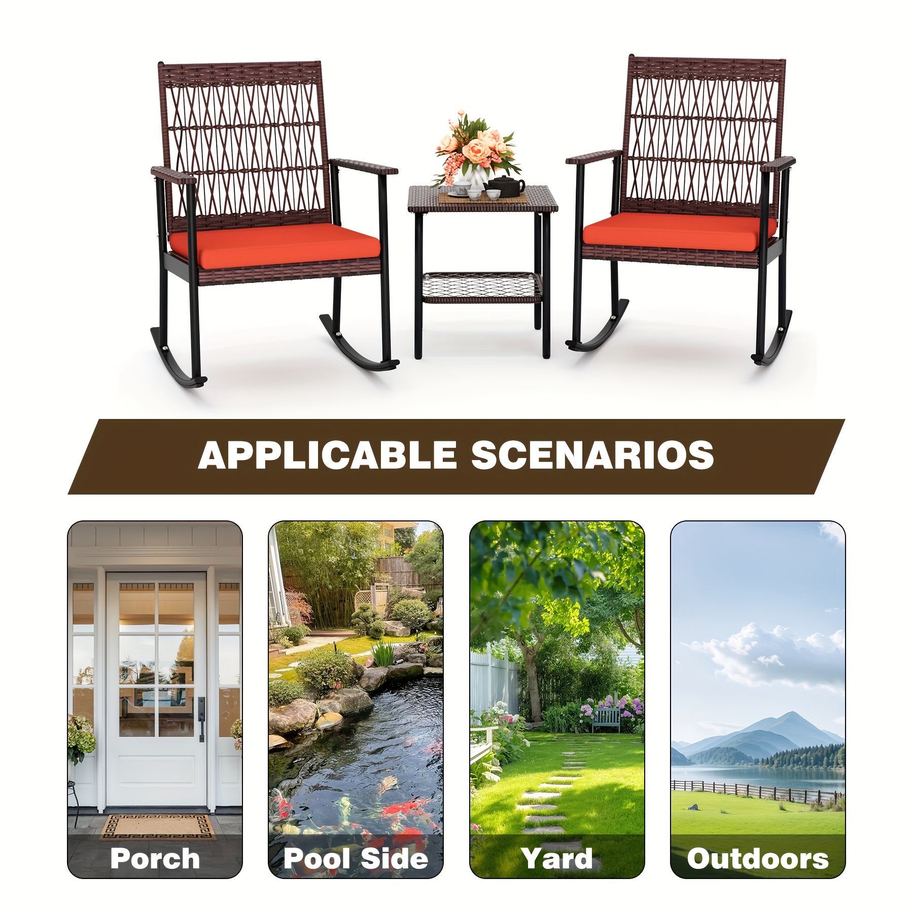 3pcs Outdoor Patio Furniture Set, Outdoor Rocking Chairs Set Of 2, Wicker Furniture With Cushions And Coffee Table For Garden, Balcony, Backyard