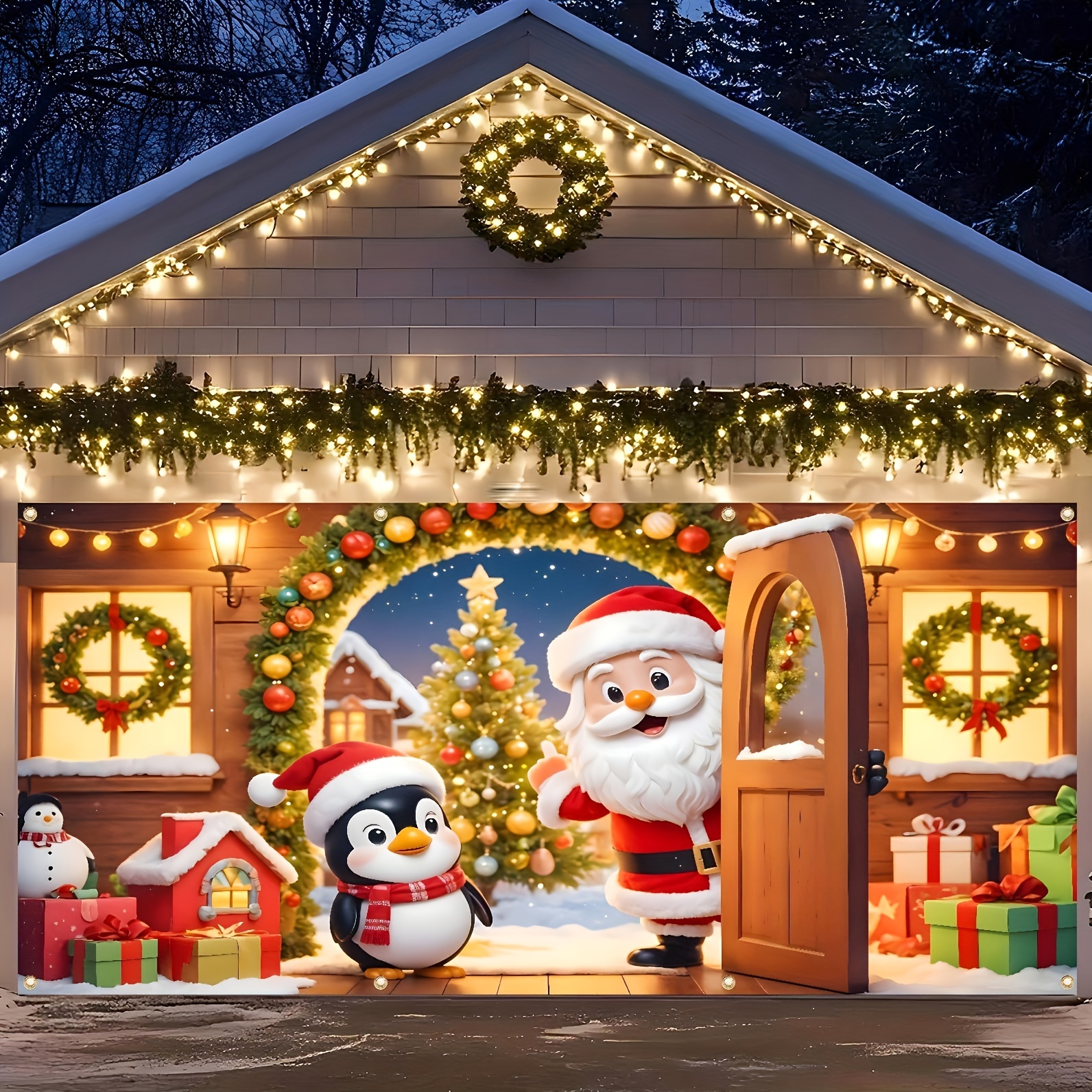 

Large Christmas Garage Banner - Santa, Tree & Penguin Outdoor Decorations, 13x6ft Polyester Wall Backdrop For Holiday Party