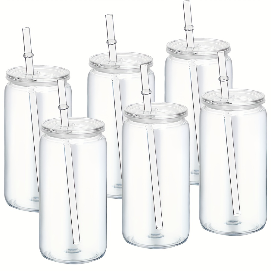 Image of Of 6 - Cups Featuring Lids And Straws, Perfect For Iced Coffee, Milk, Juice, And Other Beverages. Ideal For Summer Hydration, Vintage-style Drinkware Pieces Serve As Festival Cups Or Bedside Carafes
