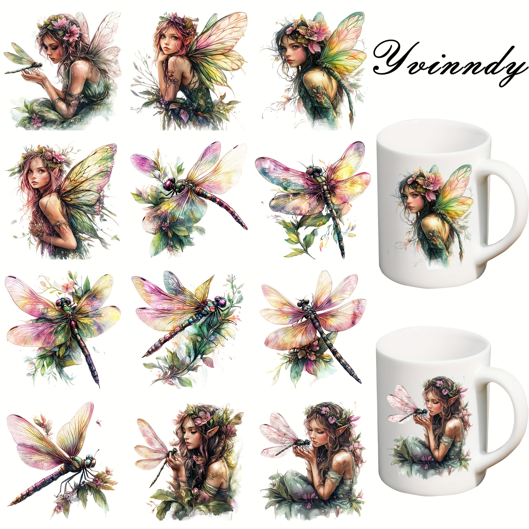 TEMU 12pcs/set Dragonfly Fairy Diy Light Beigeny Tumblers Wrap Decorative Transfer Paper Uv Dtf High Self-adhensive Wraps Transfers Decor Transfer