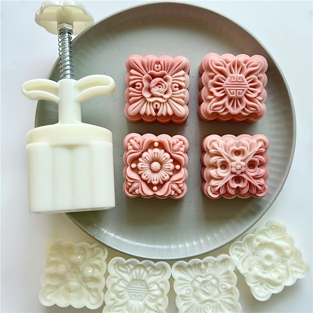 

4pcs/set 75g Flower Shape Mooncake Mould Mid-autumn Festival Mung Bean Cake Mould Square Fondant Cake Baking Accessories