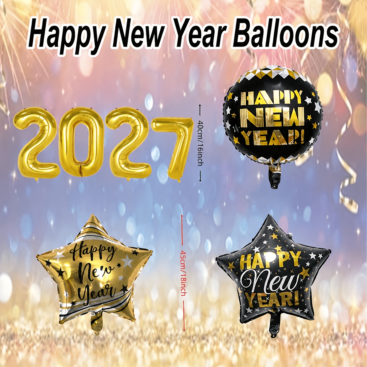 10 Pack 2027 Happy New Year Foil Balloons Set, Black 2027 Star & Round Balloons For New Year Eve Party, Graduation, Holiday Celebration, Home Office Event Decorations Supplies