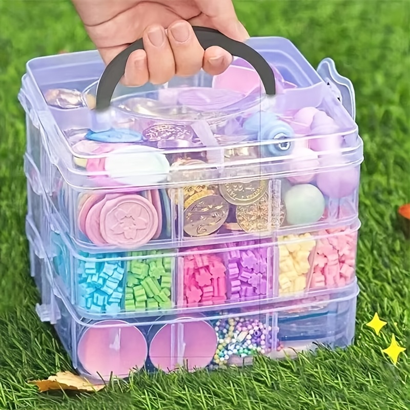 TEMU Boîte de rangement multifonctionnelle empilable à 3 niveaux - Organisateur de bijoux avec couvercle à main, grande boîte de rangement de bureau,