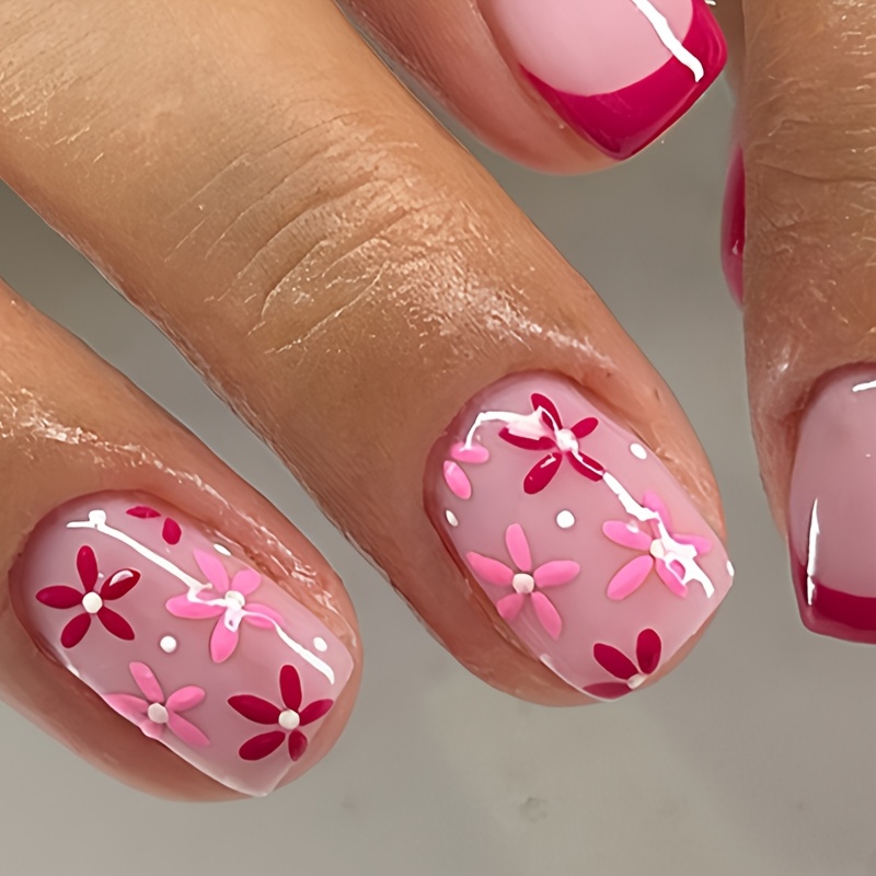 24pcs Spring- Pink Floral Press-on Nails, Featuring Pink And Red , Short Glossy Fake Nail Set, Removable And Reusable False Nails For Women