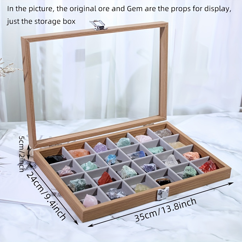 Dmnnlp Vetrina in velluto a 24 scomparti, collezione Rock con coperchio in vetro trasparente, per piccole pietre preziose di cristallo fossile, anelli, orecchini, ciondoli da collezione (beige