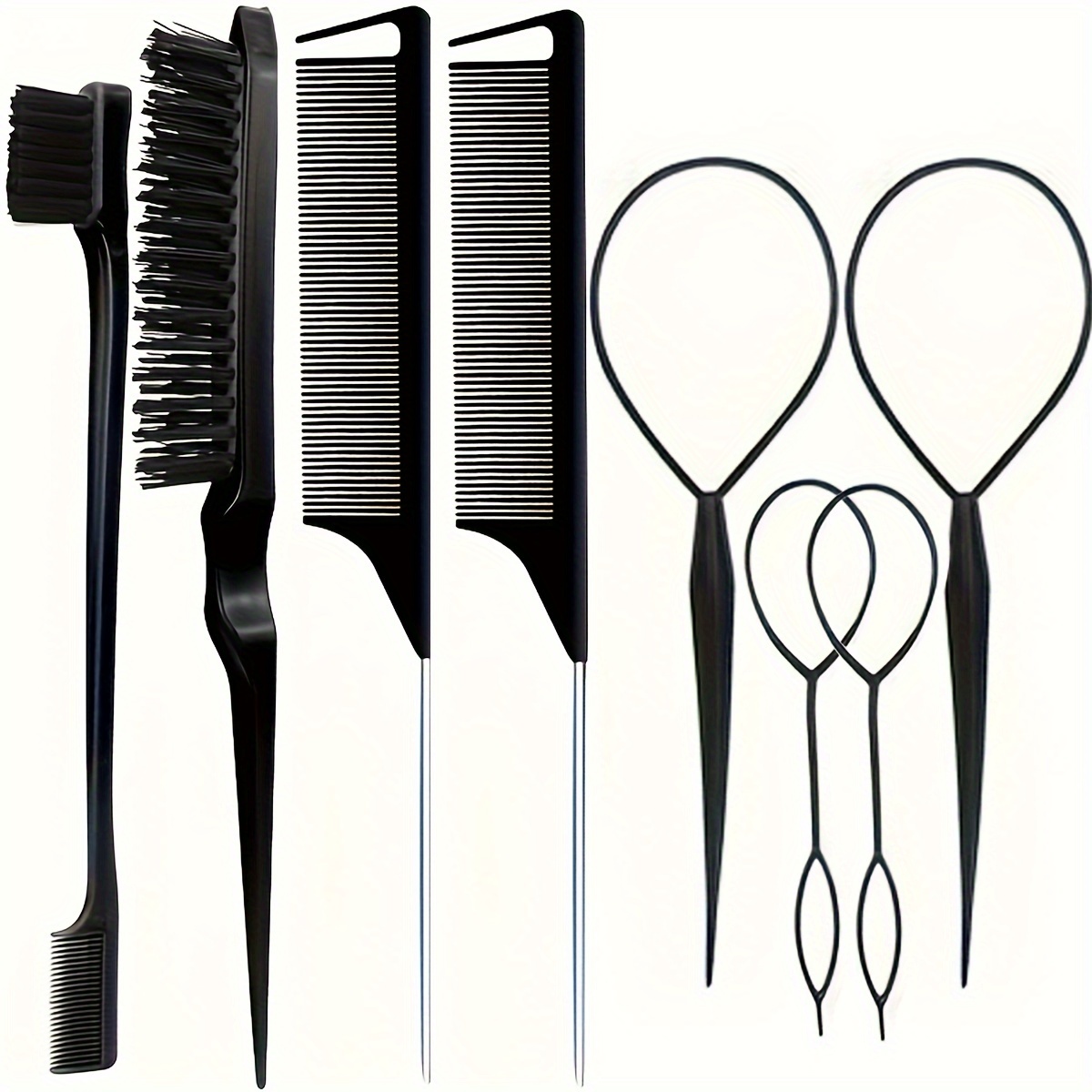 8pcs Hair Brushes, 4pcs Topsy Hair Tail Tools 1pc Bristle Teasing Hair Brush 1pc Edge Control Brush 2pcs Metal Pin Rat Tail Combs For Woman Girl Hair Styling,edge&back Brushing