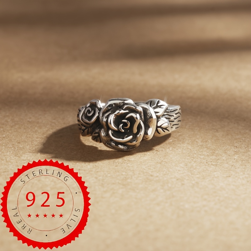 Image of 1pc S925 925 Silvery Plated Retro Rose Open Adjustable Ring For Men And Women, High-quality Jewelry For Festival Parties, Weighing Approximately 5.2 Grams
