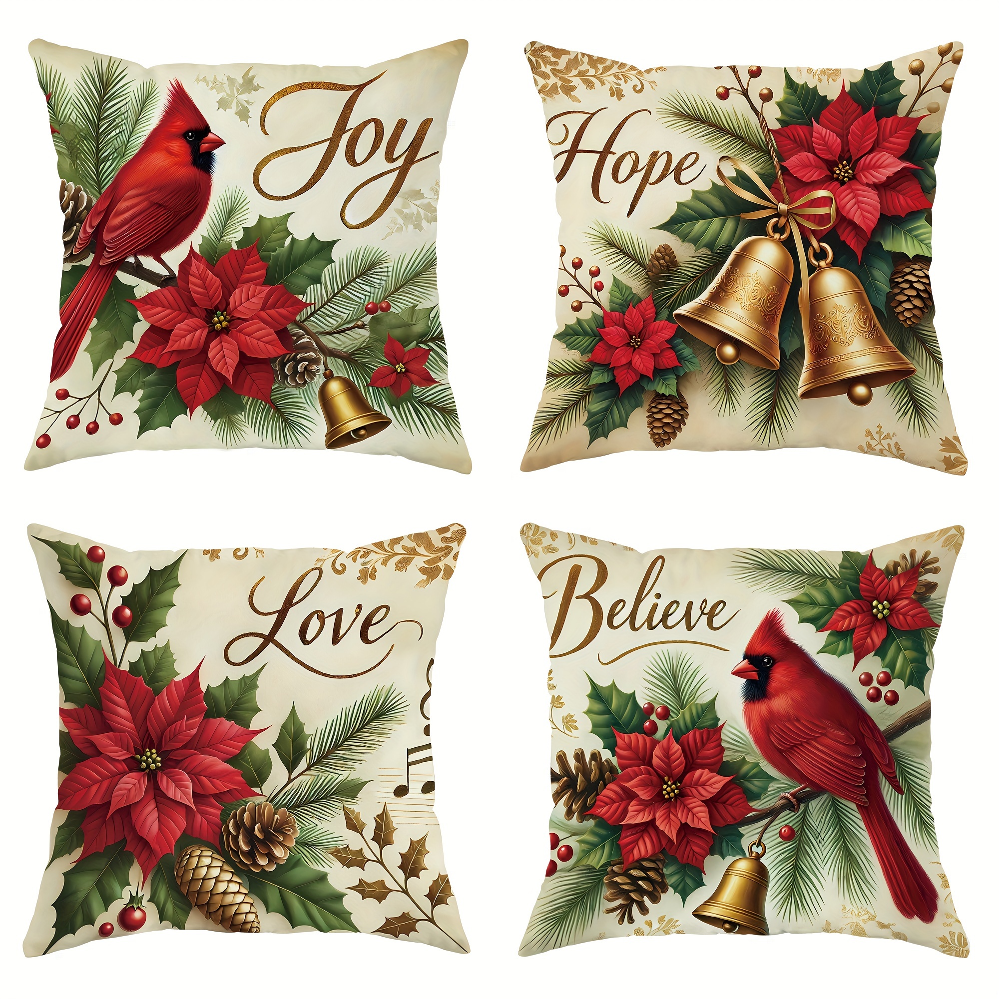 

4pcs Velvet Throw Pillow Cover Set - Christmas Poinsettia, & | & Green | Soft & Cozy Decorative Cushion Cases For Sofa, Bed, Living Room | 18x18 Inches, Zip Closure, Machine Washable