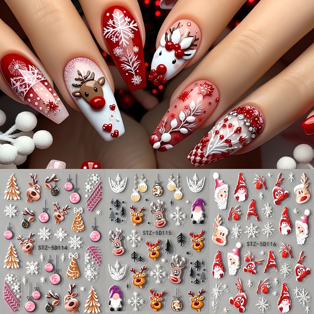 TEMU 3 Sheets 5d Embossed Christmas Nail Art Stickers, Self-adhesive Nail Decals With Cute Reindeer, Santa Claus, Snowflakes, Christmas Trees,