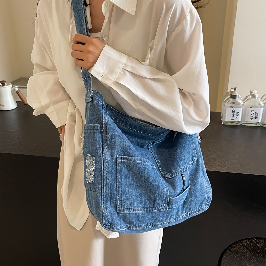 Casual Denim Messenger Tote Bag, Handheld Fashion Shoulder Purse with Zipper Closure, Polyester Lined, Frayed Edges * for Shopping, School, Wor Casual Denim Messenger Tote Bag, Handheld Fashion Shoulder Purse with Zipper Closure, Polyester Lined, Frayed Edges * for Shopping, School, Wor