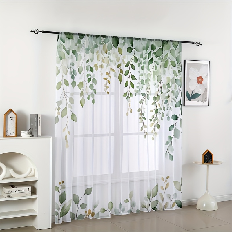 2pcs Floral Chiffon Sheer Curtains - Semi-transparent Opaque , Rod For Living Room And Bedroom Decor, Polyester Gauze, Nature- Decor, Decor | Floral Pattern Curtains | Rod Pocket Hanging, Living