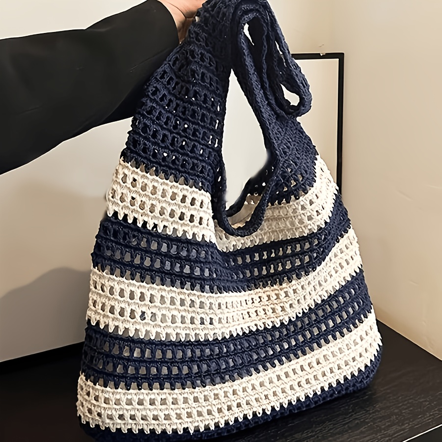 TEMU 1pc Women's Crochet Woven Handbag, Knitted Tote Bag, Beach Bag, Summer Women's Vintage Hand-woven Striped Decorative Shoulder Crochet Large