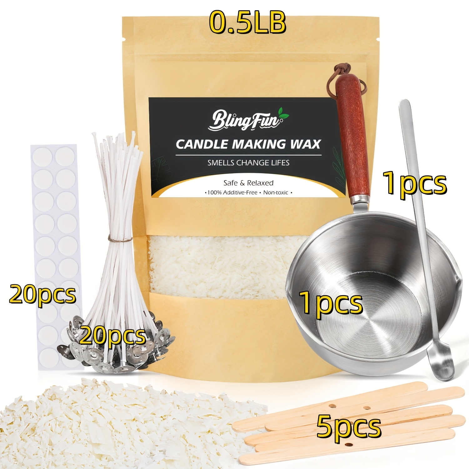TEMU Kit de fournitures pour la fabrication de bougies, cire de soja, noyaux, 2 types de mèches, marmite à , support de mèche, autocollants, pour la