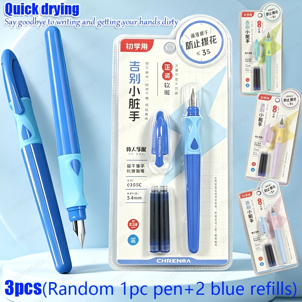 Image of Random Fountain Pens Mixed Set 3pcs(1 Pens+2pcs Refills) Blue Ink, Comfortable Grip 0.38mm Nib For Writing, Practice, Macaron Color Palette Pens. Back To School Must Have Office Supplies.