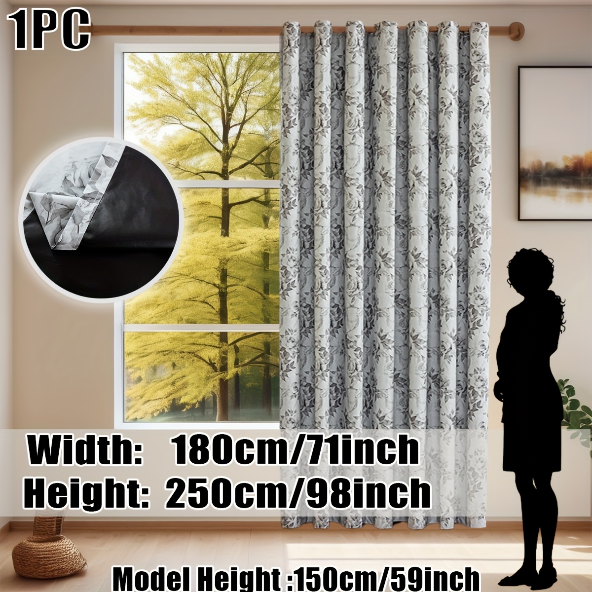 TEMU Pack Of 1, Silvery Romantic Rose Hand-painted Print Blackout Curtains, Grommet Top, Natural Drape, Blackout Lining, 100% Blackout, Physical Heat