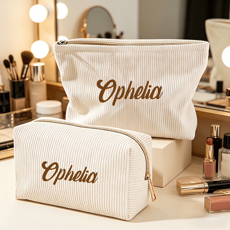Image of 2pcs Customized Corduroy Cosmetic Bag, Featuring A Wash Bag & Cosmetic Bag Combination , Personalized Cosmetic Storage Bag, Zippered Cosmetic Bag, Portable Foldable Storage Bag, Suitable For Travel