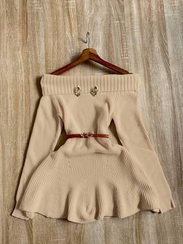 french style waist cinching hem sweet spicy fitted sweater for women off the shoulder crop dress without belt