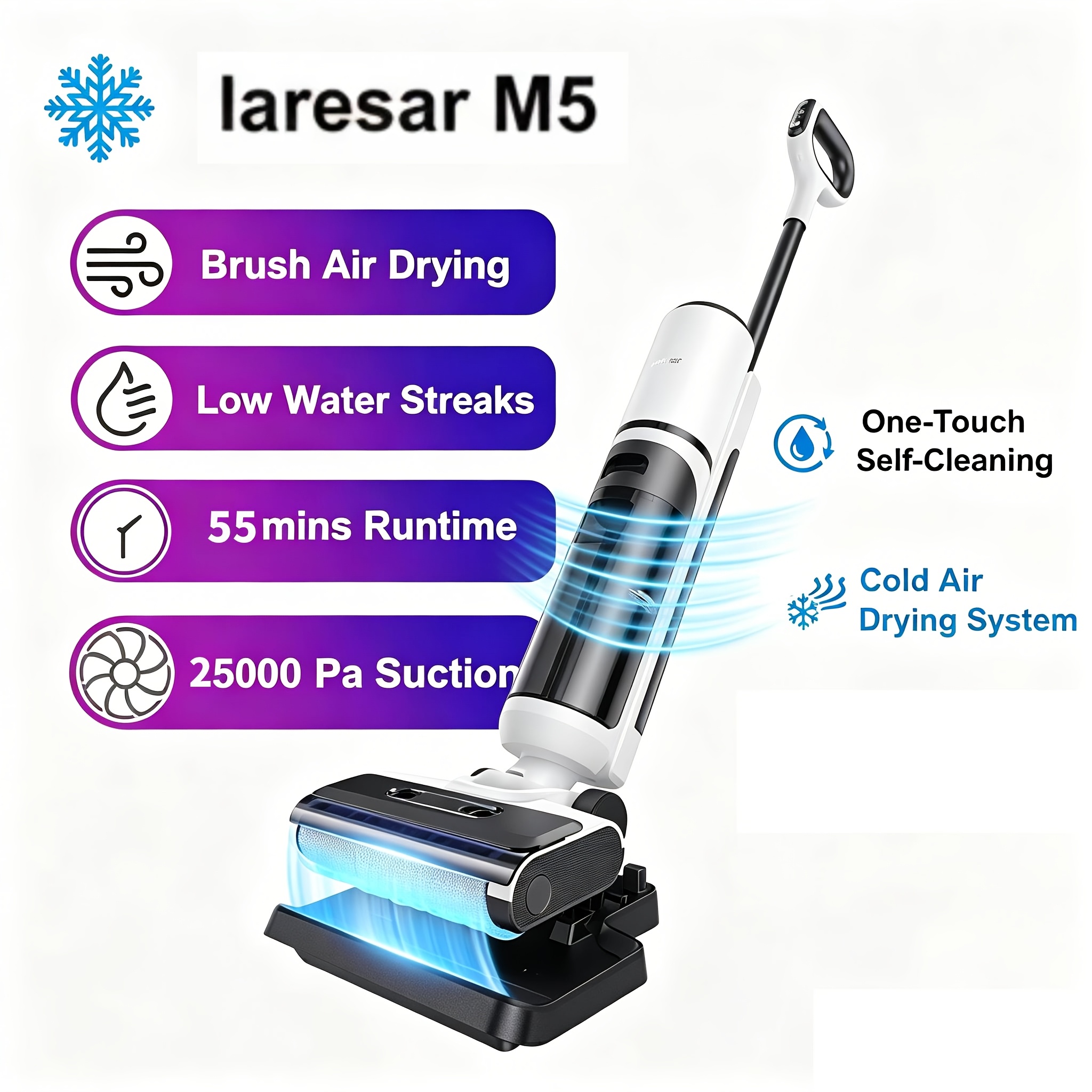 Image of Laresar M5 Wet And Dry Vacuum Cleaner Features A Flat 180° Design, Self-cleaning , And Cold Air Drying, With A Of 25, 000 Pa. It Cleaning And Can Operate For 50 Minutes