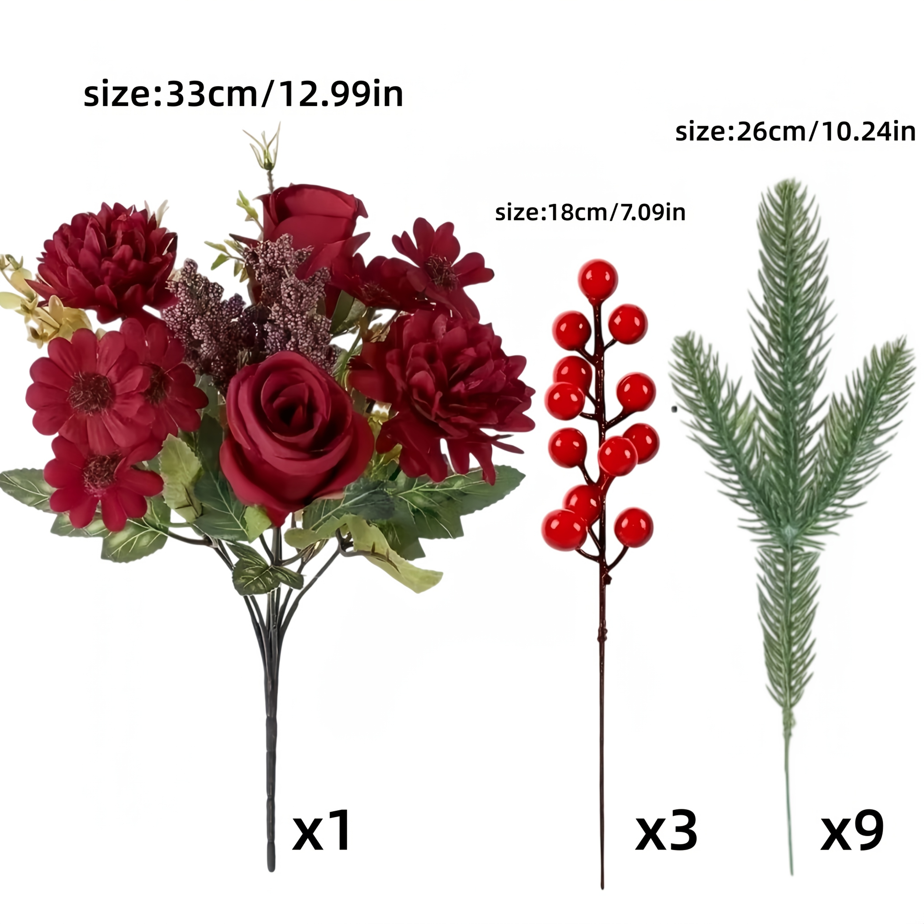 TEMU 13pcs Set Of Wine-red Mixed Roses With Pine Branches And Red Berries. Suitable For Indoor And Outdoor Decoration, Courtyards, , And Garden