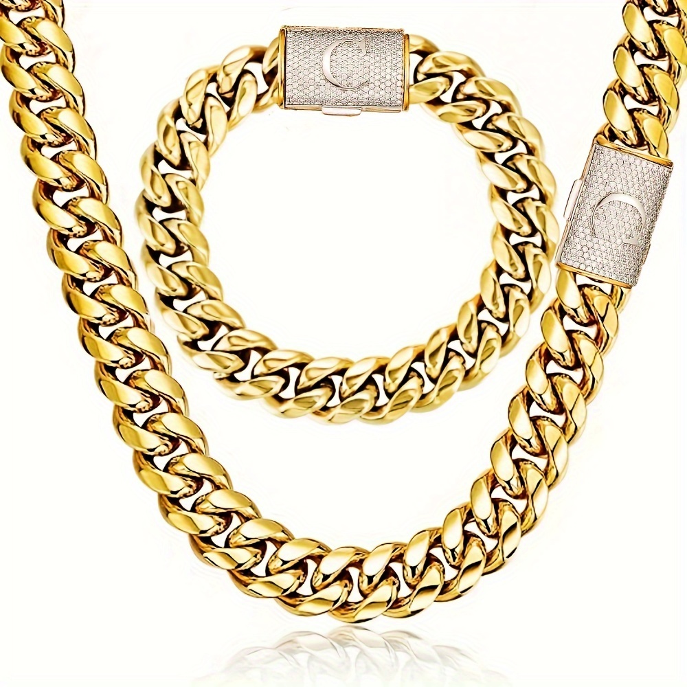 

2pcs Miami Cuban Link Chain Set For Men Hip Hop Jewelry 18k Golden Plated Stainless Steel Cut Faux Diamond Initial Letter C Buckle Bracelet Necklace Set