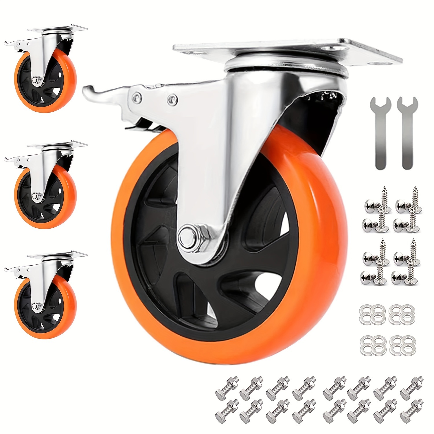 

4pcs/set Enyke 5-inch Heavy-duty Casters, Orange Swivel Wheels For Carts, Furniture, Workbenches, Smooth & Silent Motion (accessories Included)