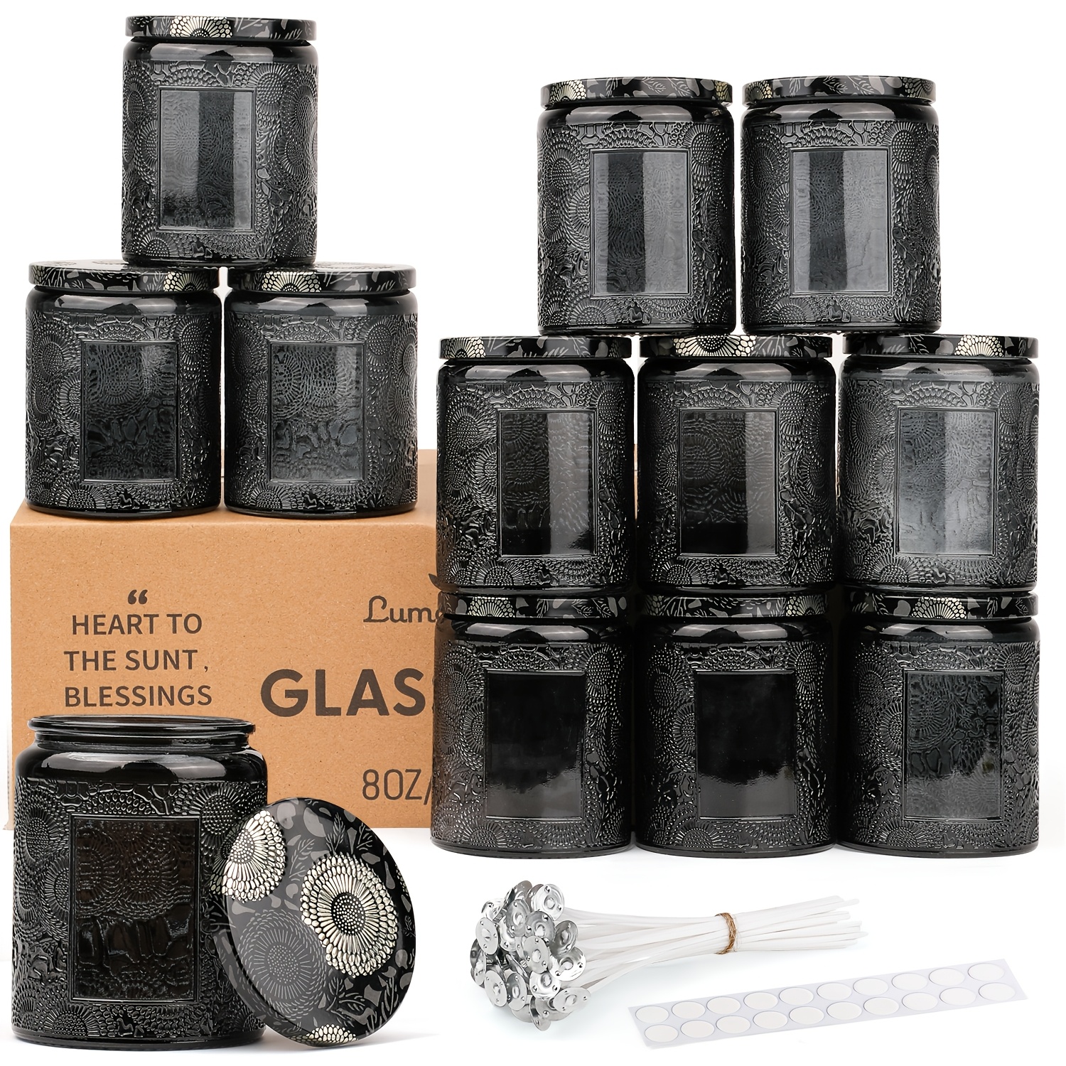   8oz glass candle jars 12 pack with airtight metal lids empty embossed luxury containers for candle making   20 wicks 20 sticker labels for diy gifts home decor