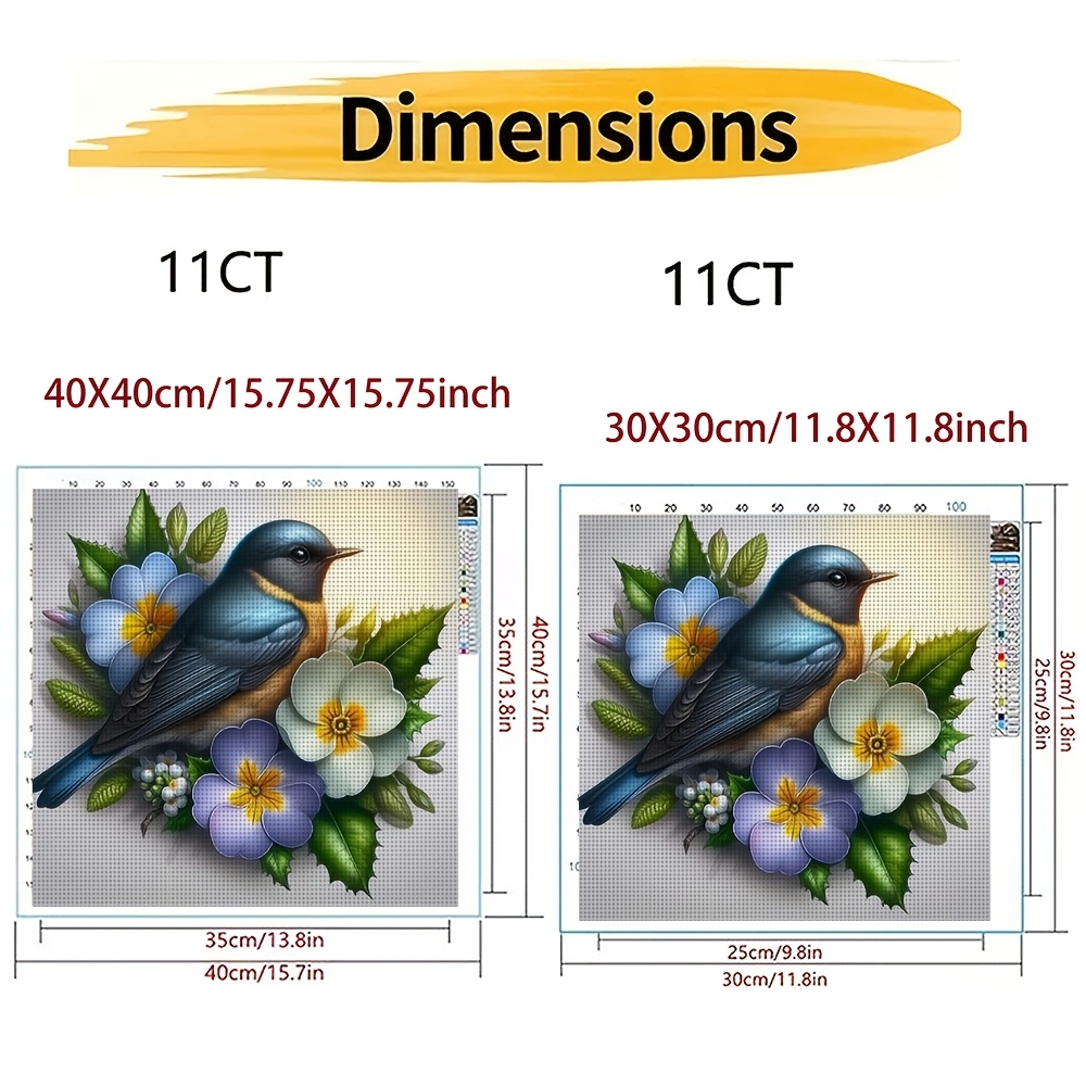 Frameless Cross-Stitch Embroidery Kit, Blue Bird Surrounded by Flowers