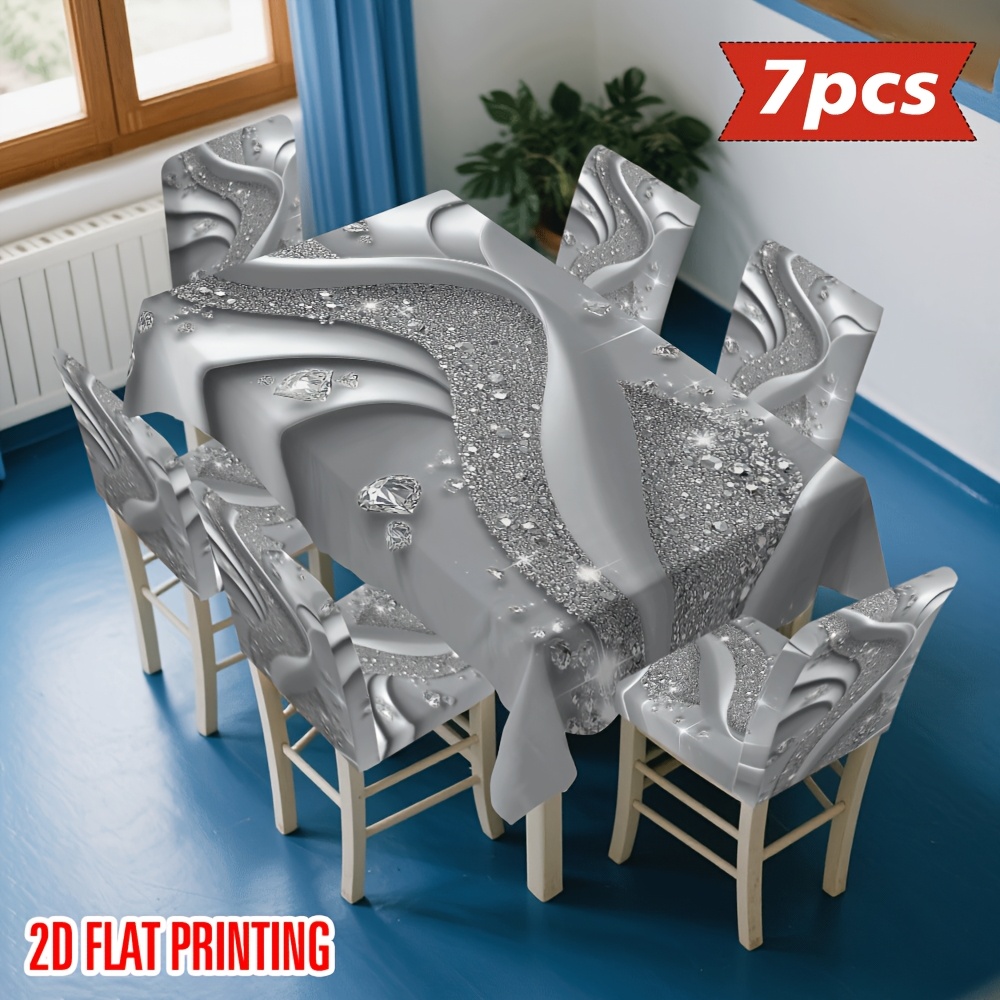 TEMU Set di Copri Sedie e Tovaglia con Stampa 2D Piatta 4/5/6/7 Pezzi, Design Astratto con Glitter Argentato, Facile da Lavare e , per Decorazioni
