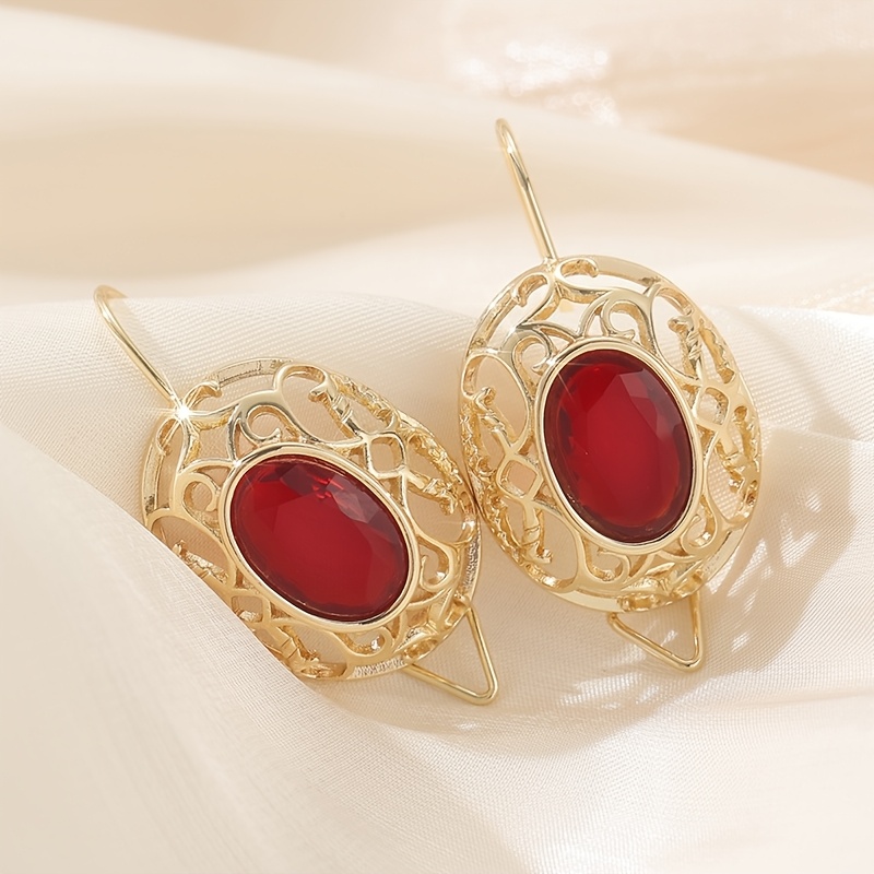 TEMU A Pair Of Bohemian Style Copper Earrings | Hand Carved Hollow Texture With Red Synthetic Zirconia, Kc Golden Plated, Suitable For , Perfect