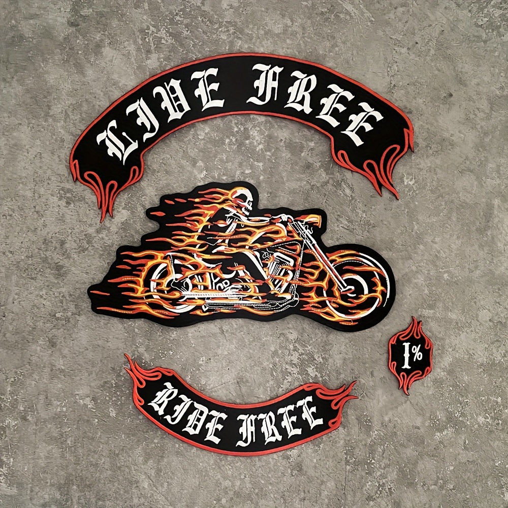 

4-piece Live Free Embroidered Motorcycle Flame Patch Set For Jacket Back Decoration, Diy Sew-on Appliqués, 33*38cm