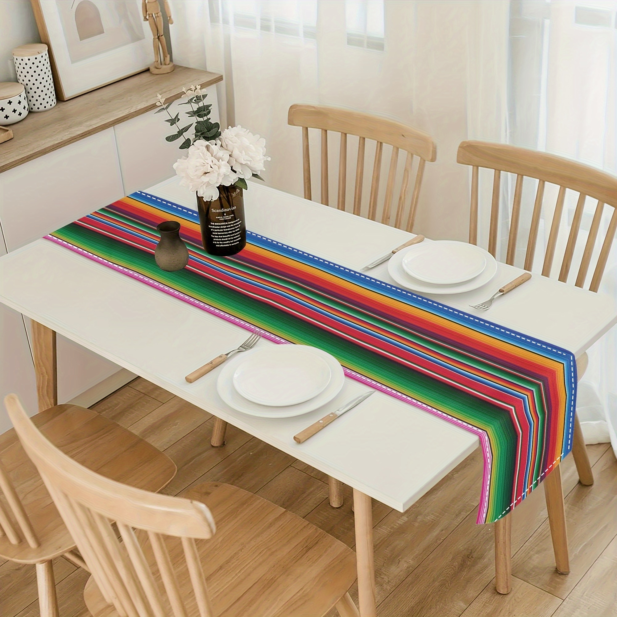 

1pc Mexican Style Striped Table Runner - Vibrant Linen Rectangular Dining Table Decor For Home, Party & , Party Table Runner | Decorative Dining Piece | Woven Stripes, Mexican Kitchen Decor