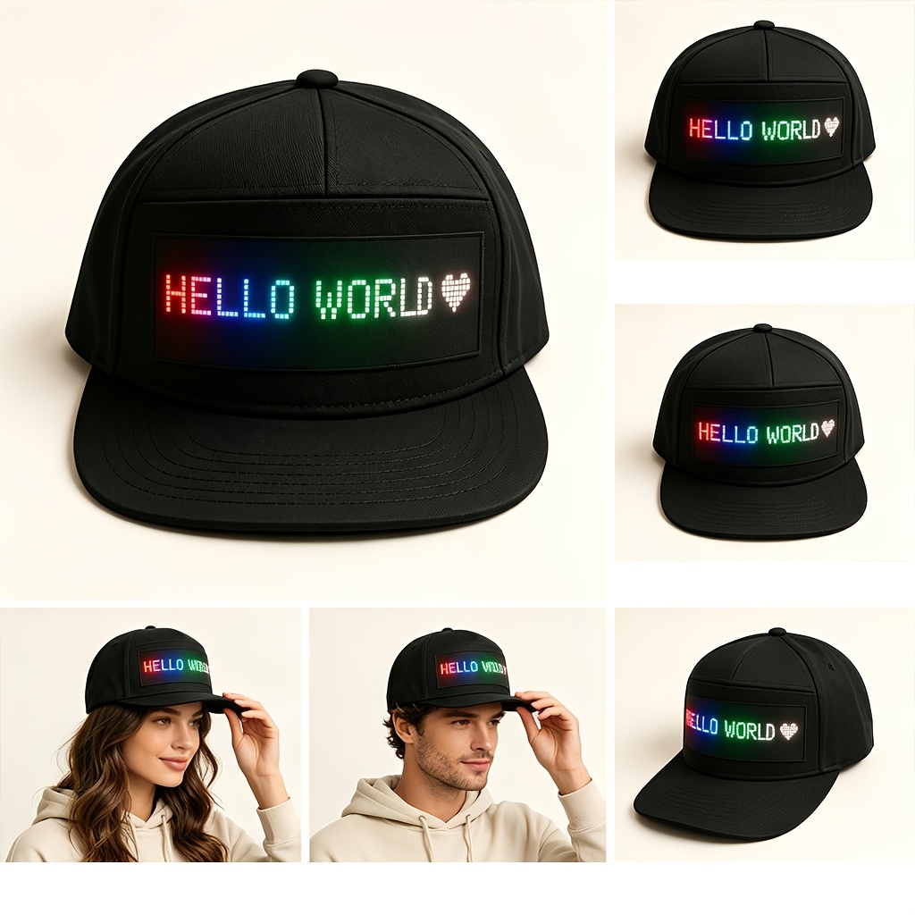 TEMU 1pc Wireless Led Hat, Four-color Hat, To Smart App For Programming, Scrolling Text Display, Rechargeable Battery, Suitable For Birthday Parties,