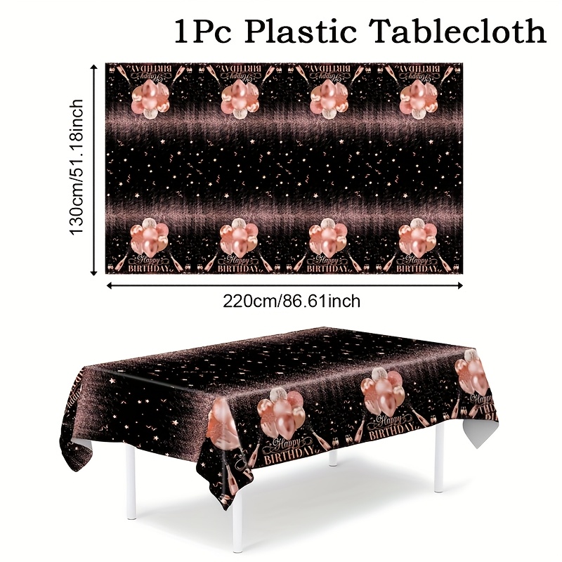 TEMU 1pc,wedding Decorations,summer Decoration,garden Decor For Outside,outdoor Decor,black Rose Golden Happy Birthday Plastic Tablecloth,birthday