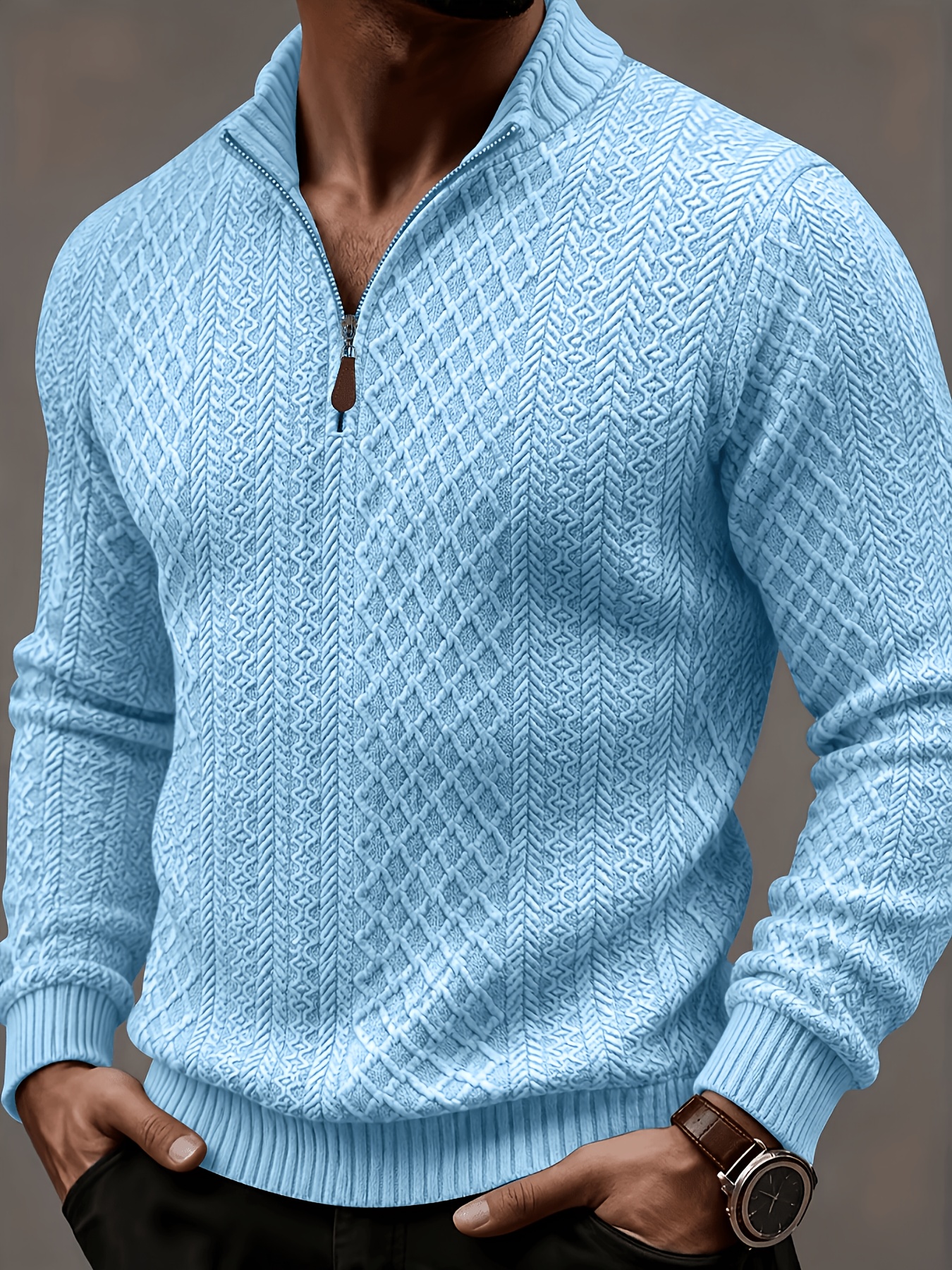 item picture   obm mens new diamond twist cable knit half zip stand collar sweater light luxury jacquard long sleeve knit sweater soft friendly and breathable fabric business       as an inner or outer layer