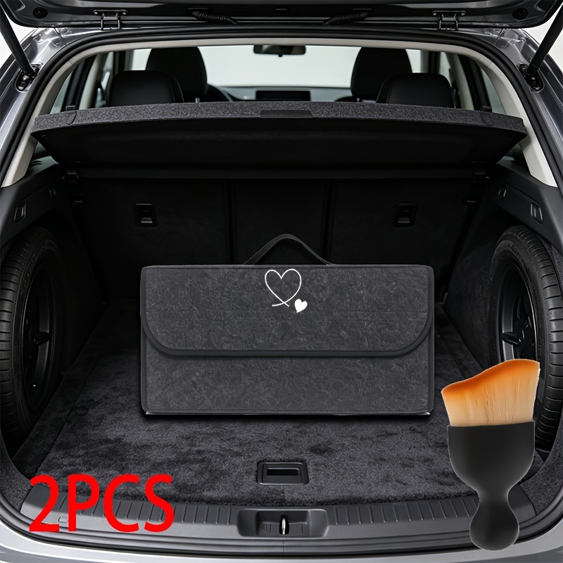 TEMU 2pcs Foldable Felt Car Trunk Storage Bag With Mini Brush, Heart Pattern, Black & Gray Storage Organizer With Tool Pocket, Reinforced Stitching,