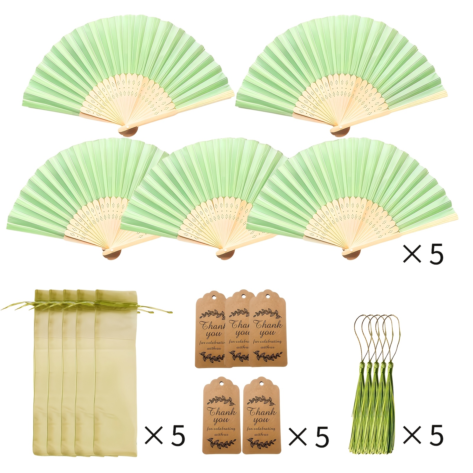 TEMU 20pcs Set Of Rosemary Green Folding Wedding Fans, Including Bamboo Handheld Fans, Thank You Cards, Tassels, And Gift Bags, Women's Handheld