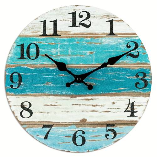 beach themed blue wall clocks battery operated silent non ticking vintage round rustic coastal nautical clock decorative for home room office bathroom bedroom 10 inch