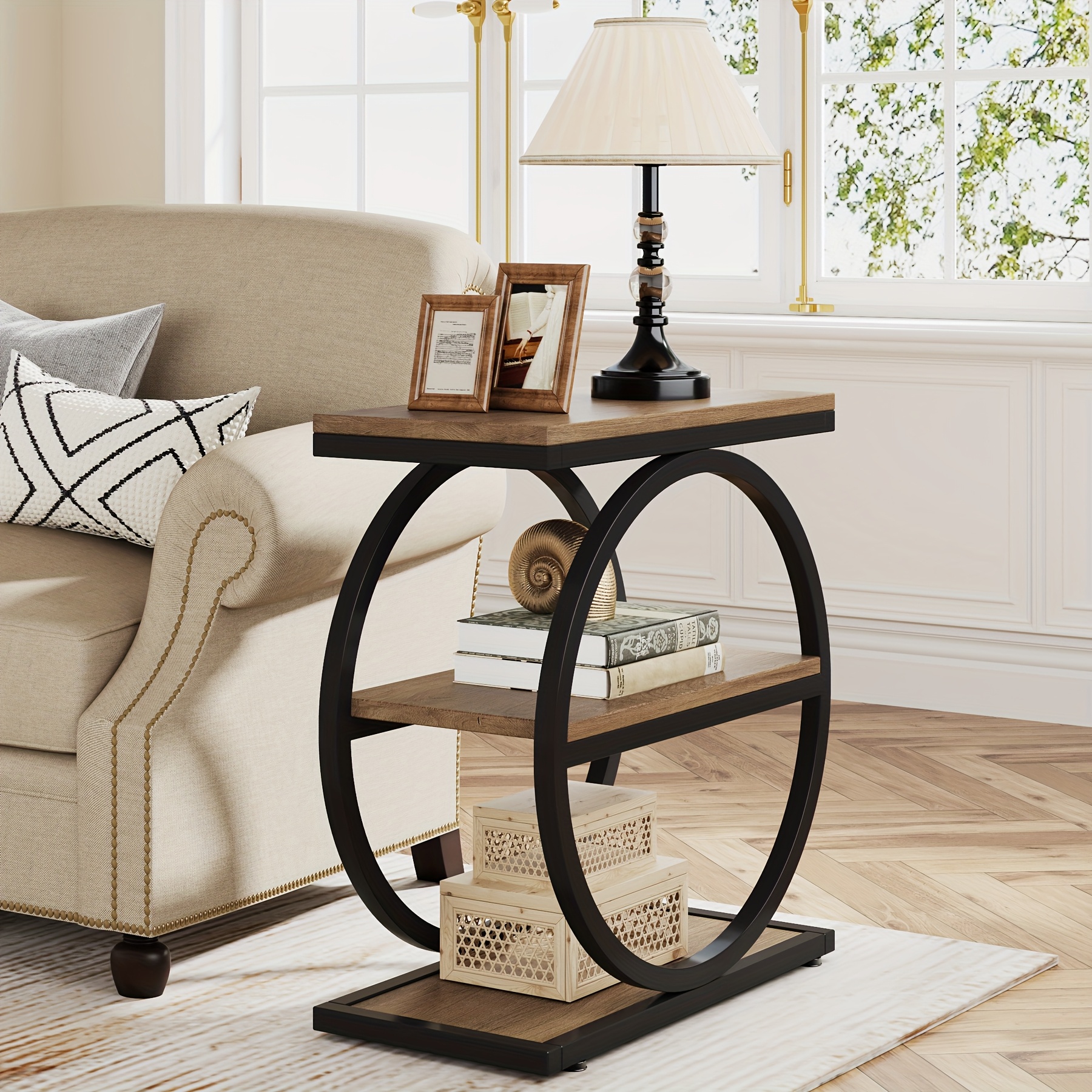 TEMU Table d'appoint avec 3 étagères de rangement, table de chevet avec cadre en métal noir, table industrielle pour salon, table de nuit mince pour