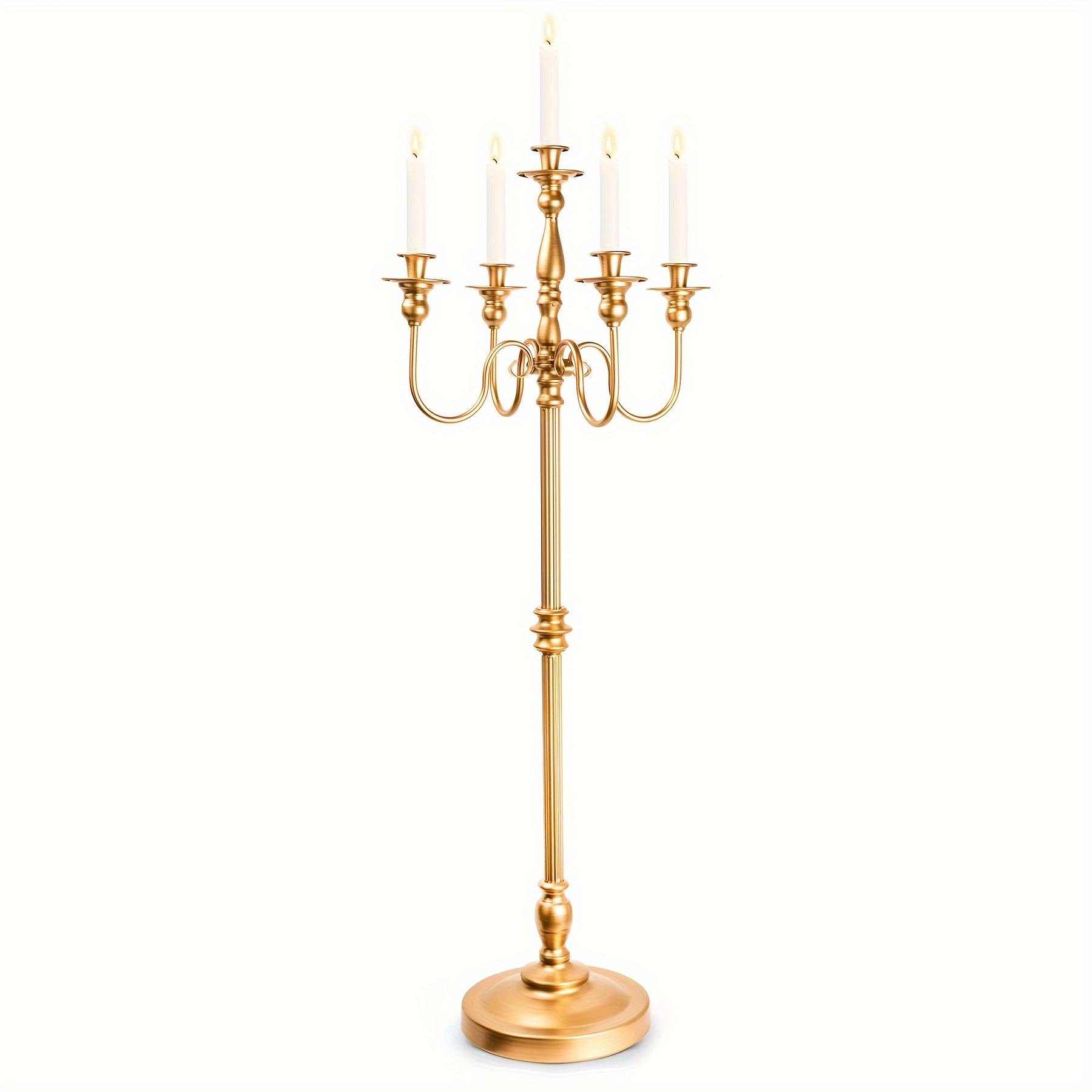 

Floor Candelabra Tall 5 Candle Holders For Wedding Centerpiece, 48" Golden Metal Candlestick For Taper Candle And Floral Centerpiece Stand Wedding Event Party