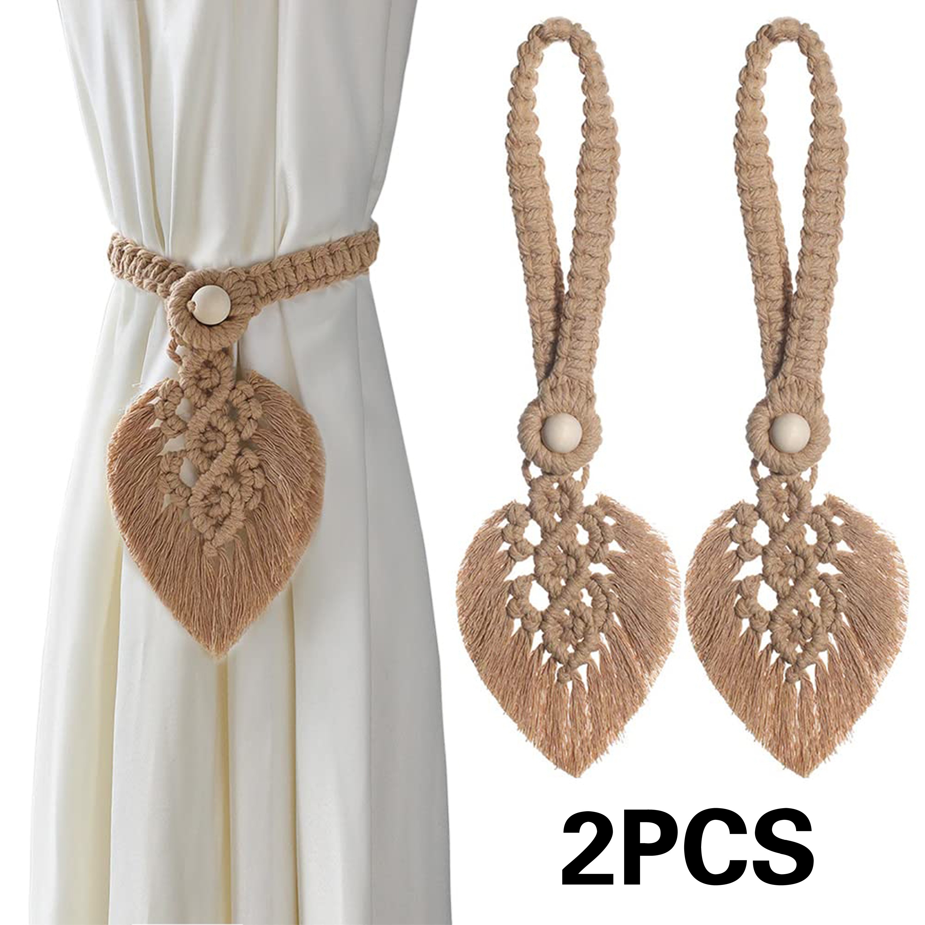 E-shop 2 Stück Böhmische Blatt Quaste Vorhang Raffhalter, Verstellbares Polyesterseil mit Holzperlen, Boho Style Dekorative Vorhangspangen für