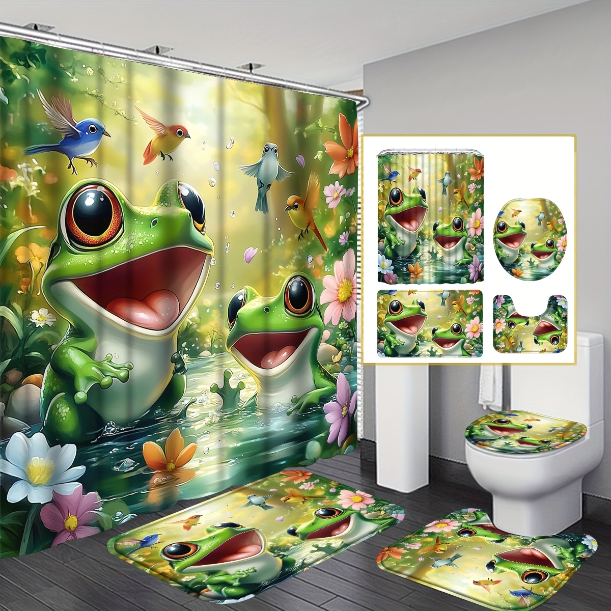 TEMU 4pcs Frog Shower Curtain Bathroom Sets Full Set, Creative Pattern High Quality Shower With 12 Hooks, Machine Washable, Non-slip Bathroom Rug,