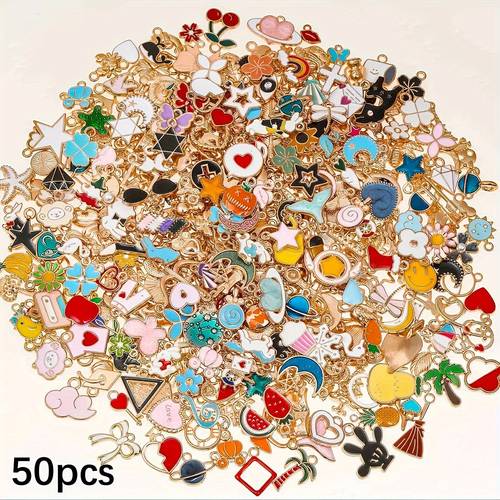 50 100pcs multicolor plated jewelry charms suitable for diy crafting compatible with beads keychains bracelets necklaces assorted heart flower letter charms for necklace earring pendants