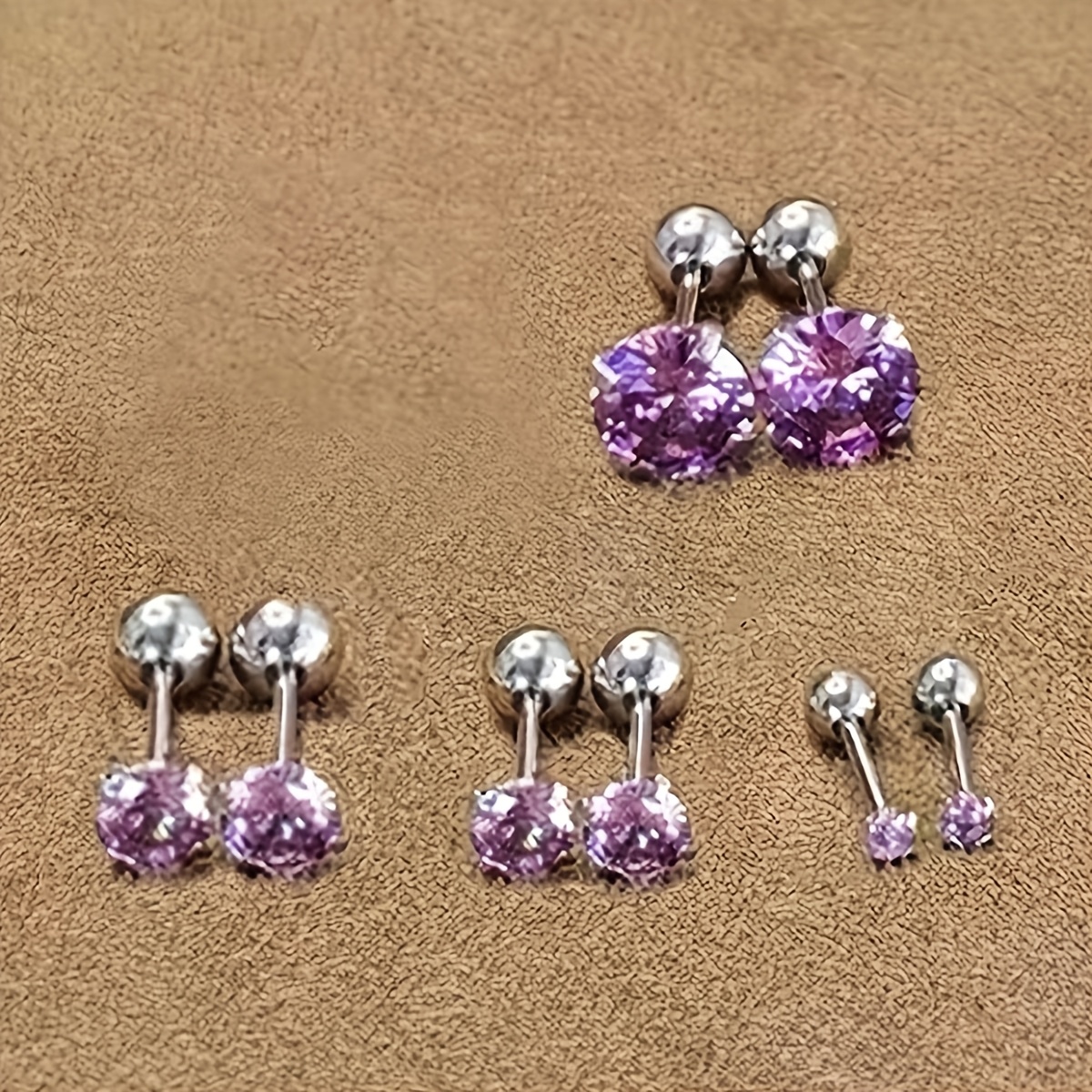TEMU Spring And Summer 4 Pairs/sets Of Stainless Steel Purple Synthetic Cubic Zirconia Stud Earrings, Women's Fashion Everyday Wear Jewelry Perfect