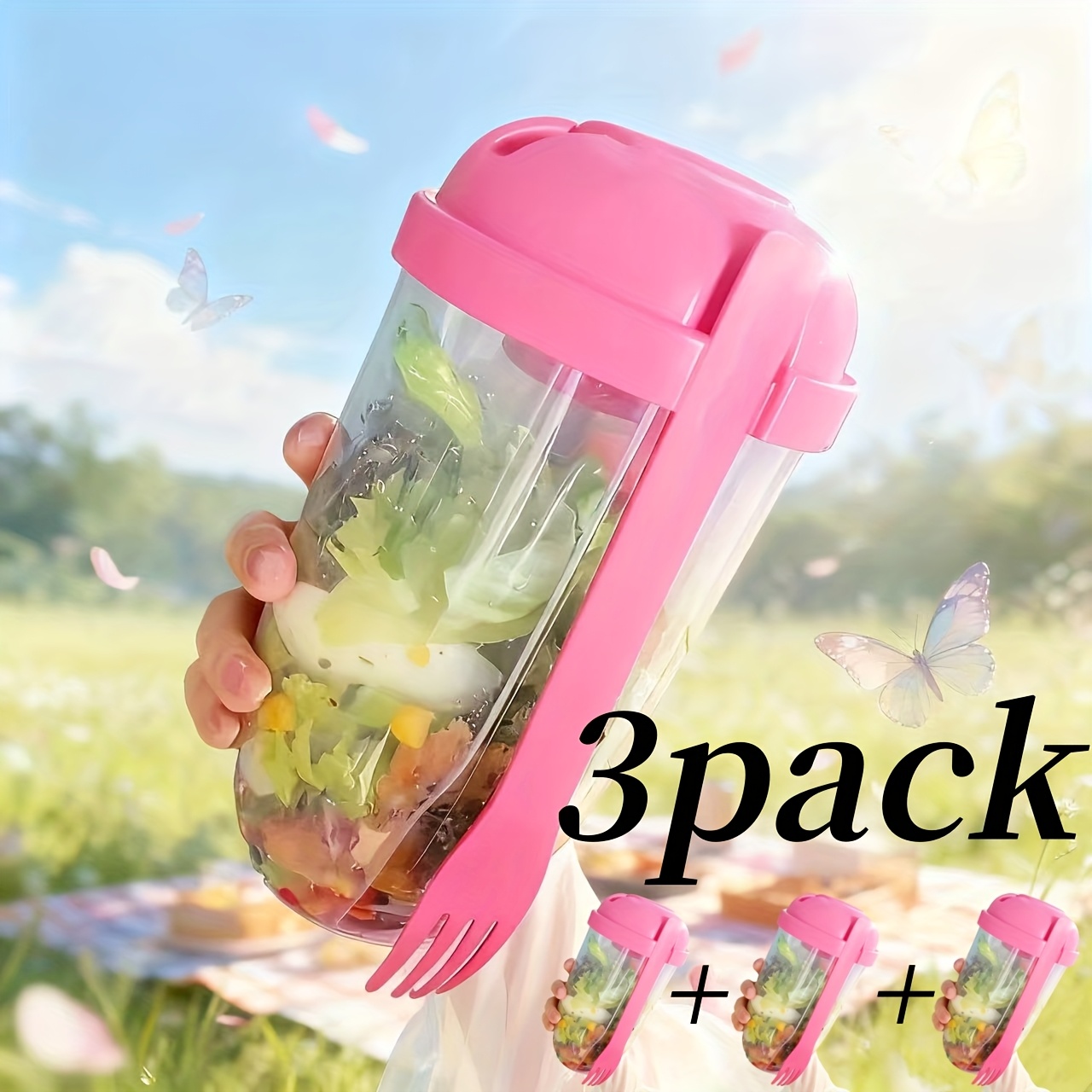TEMU 3pcs, Salad Cup, Salad Shaker, Plastic Container (with Fork), Salad Dressing Rack, Picnic Lunch Breakfast Salad Cup, Kitchen Supplies, Kitchen