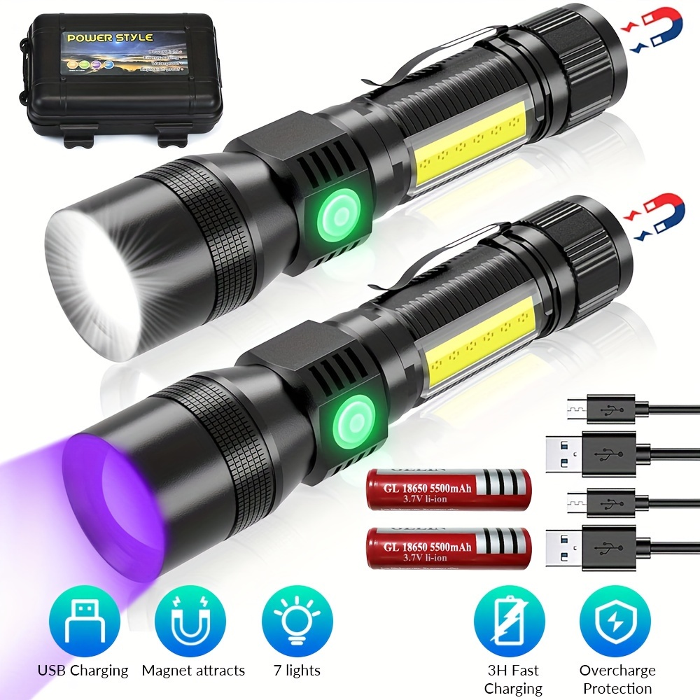 

2 Pack 3-in-1 Super Bright Black Light Flashlight, 1200 Lumens, 7 Modes, Zoomable Uv Light, Pet Clothing De