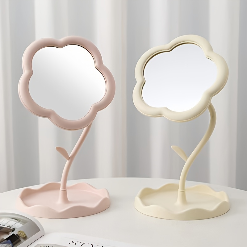 Rotating Flower Shaped Makeup Mirror, with Polished Plastic Frame, Pink and Cream Floral Design, Battery Free, Portable Vanity Mirror with Storage Tray, Perfect for Bedroom, Travel and Students - protection