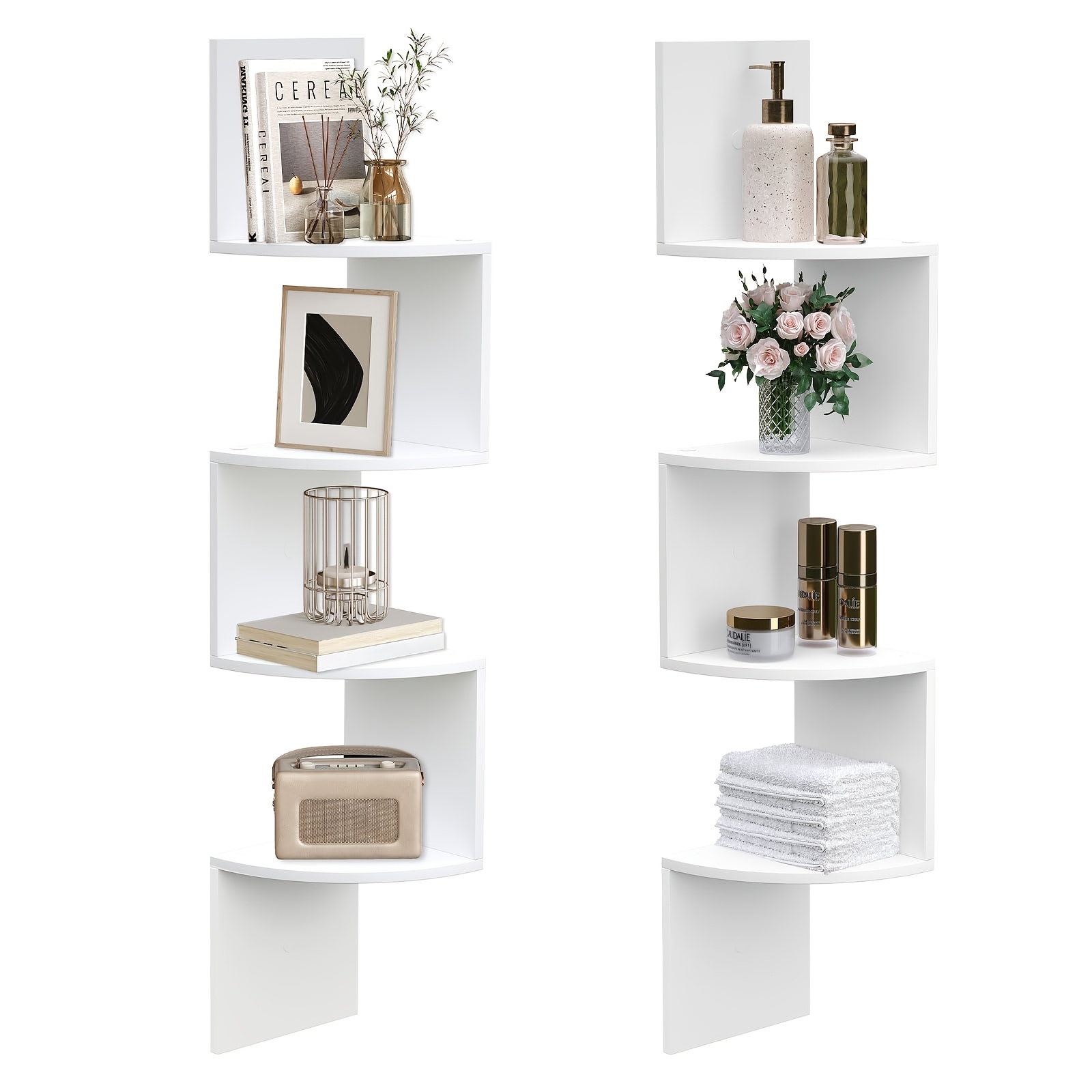 Image of Modern Minimalist White 2pcs Corner Hanging Bookshelf, Four-layer Design, Perfect For Space, Suitable For Living Room, Bedroom, And Dining Room Use, Corner Shelves