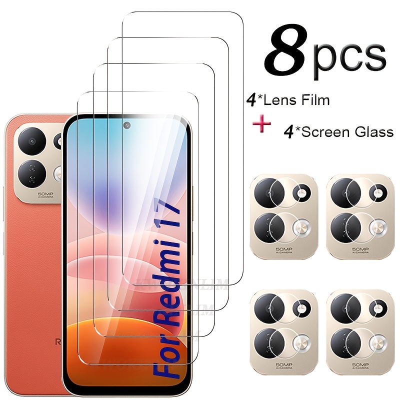 TEMU (Lot de 8) d'écran en verre trempé pour Redmi 17 = 4 verres trempés + 4 protections d'objectif d'appareil photo, étui de téléphone, ensemble de