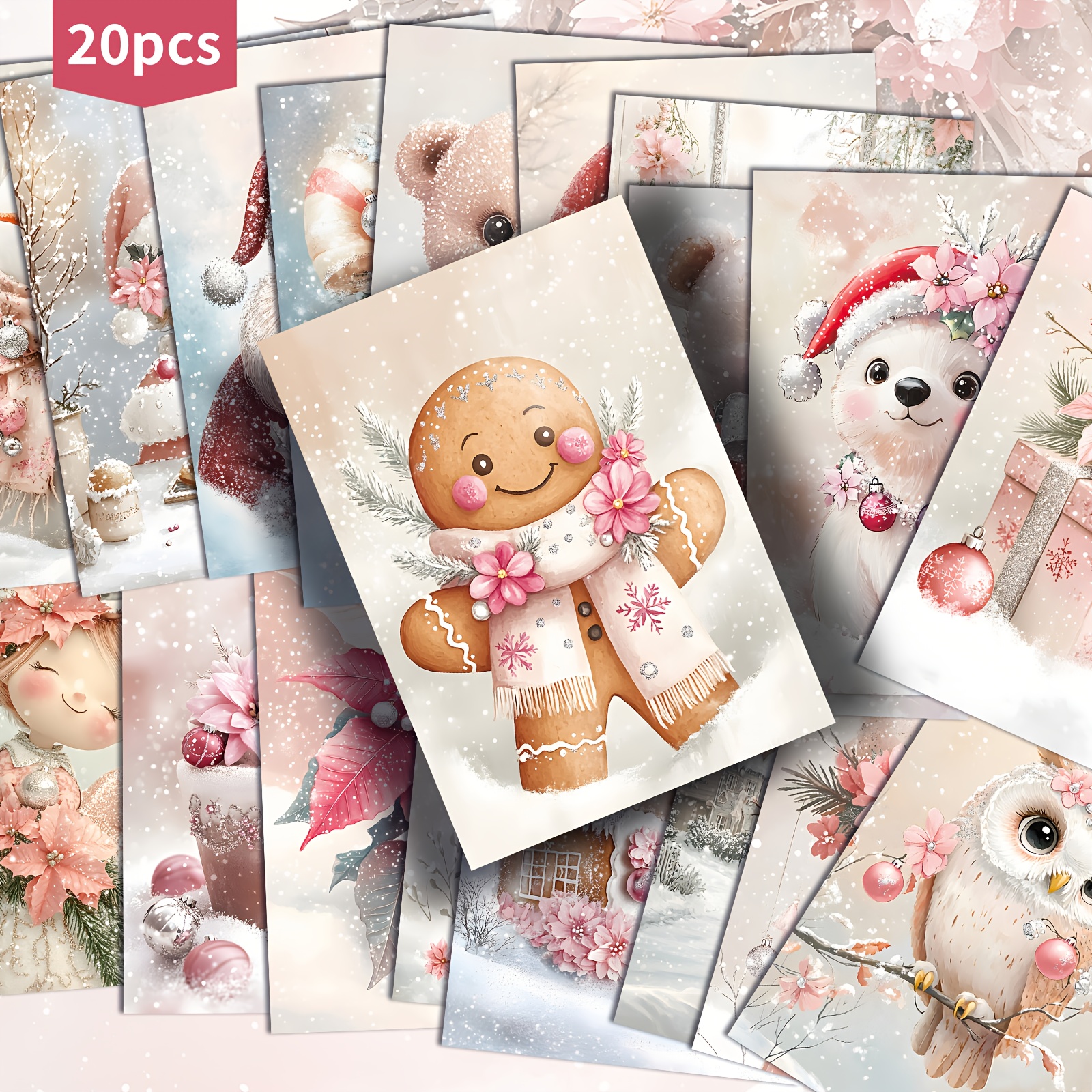 TEMU Set Of 20 Retro Christmas Gingerbread Man Postcards - 4x6 Inches, Ideal For Junk Journals, Featuring Classic Pinup Art, Perfect For Scrapbooking