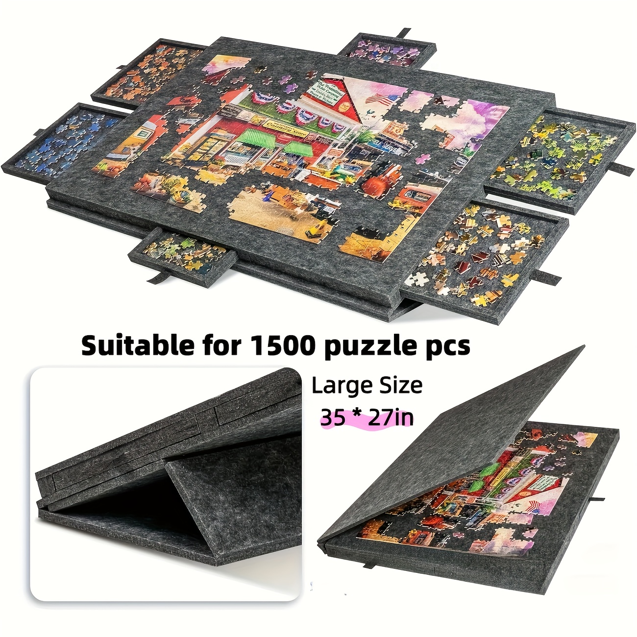 Malau - 1000 Piece Puzzle Board with Drawers and Cover - Tilting Puzzle Table, Stand and Puzzle Sorter - Portable Felt Board 77 x 53 cm - Puzzle Storage (White